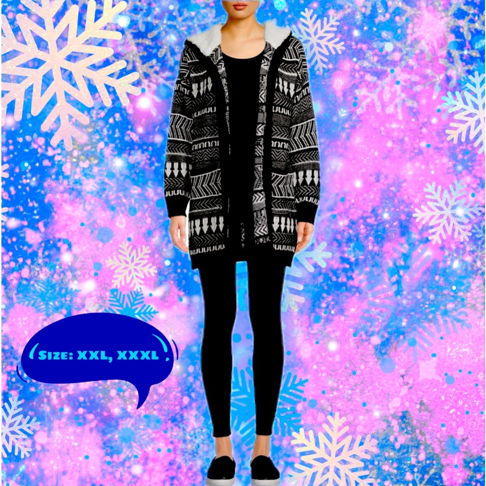 No Boundaries Juniors Jacquard Cardigan with Faux Sherpa Hood